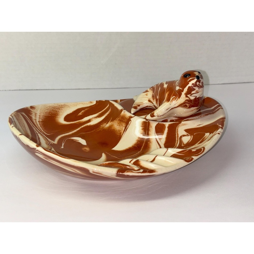 Marbled Clay Bowl Seal Signed Glazed Pottery Animal Ashtray Vintage Alaska